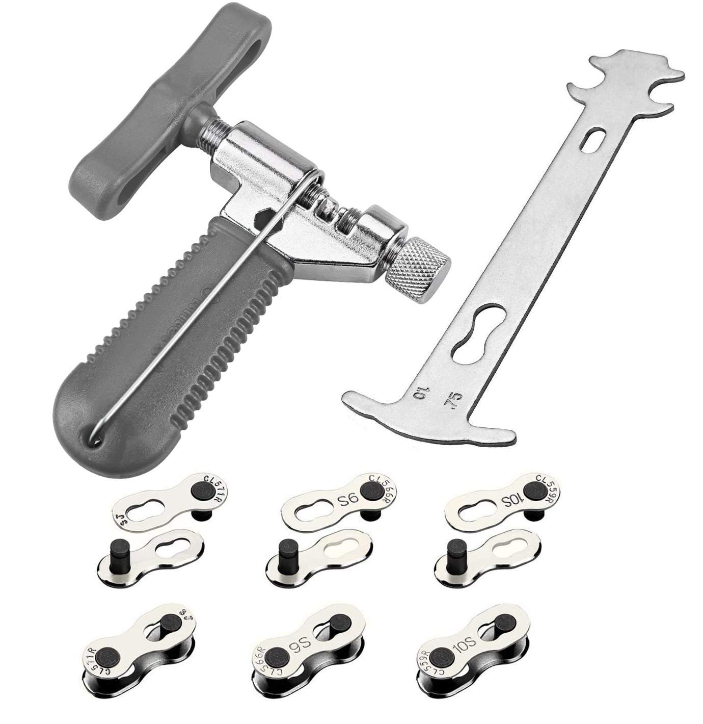 Bicycle Chain Tool Kit, 6 Pairs Bicycle Missing Link + Bicycle Chain Breaker + Chain Wear Gauge|Qkurt Bike Cycling Chain Mechanic Repair Tool Set for 6/7/8/9/10 Speed Chain Link Repair, Grey