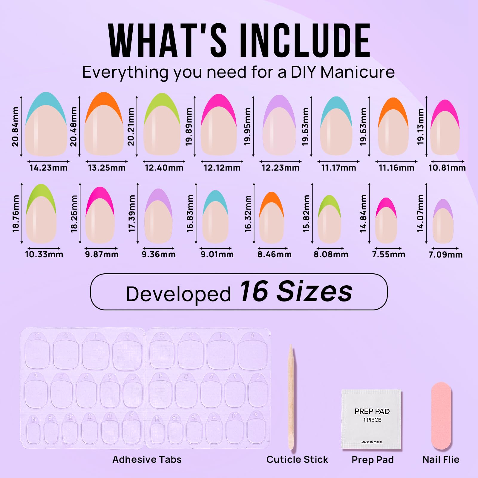 BTArtbox Press On Nails Short - Soft Gel French Tip Press On Nails, Colorful Almond Glue On Nails with Nail Glue, Reusable Stick On Nails in 16 Sizes, Neon Rainbow French - Image 4