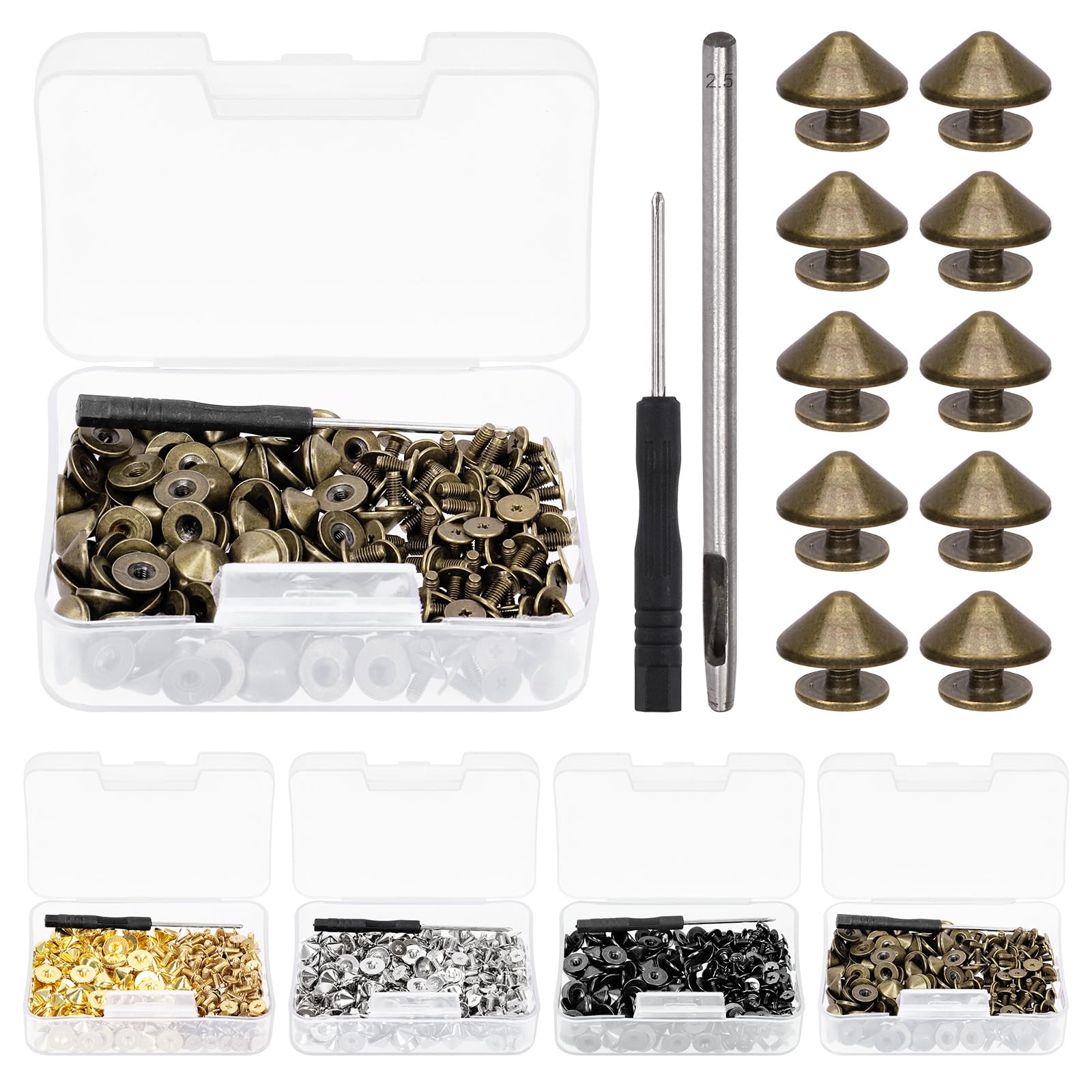 Glarks 100 Sets Bronze Cone Spikes and Studs Kit 4.7mm Bullet Spikes Screw Back Punk Studs and Spikes with Installation Tools Leather Craft Rivet Screws for Clothing Shoes Accessories