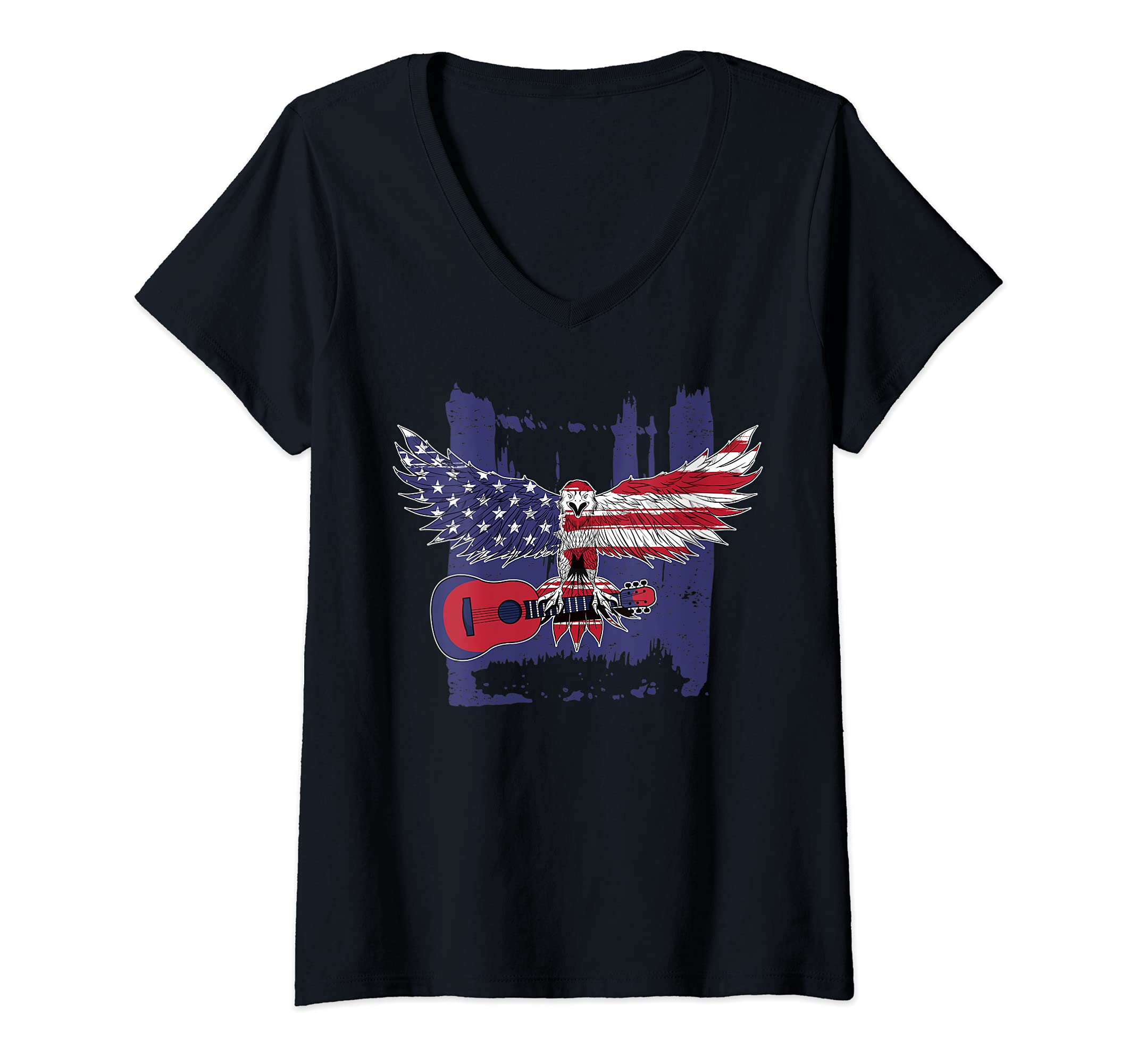 Womens Patriotic Guitar Player USA Guitarist American Guitar Music V-Neck T-Shirt