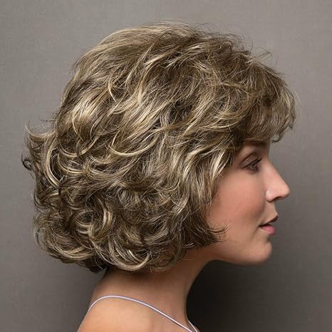Ladies Wig Short Curly Hair Mixed Color Oblique Bangs Fashion