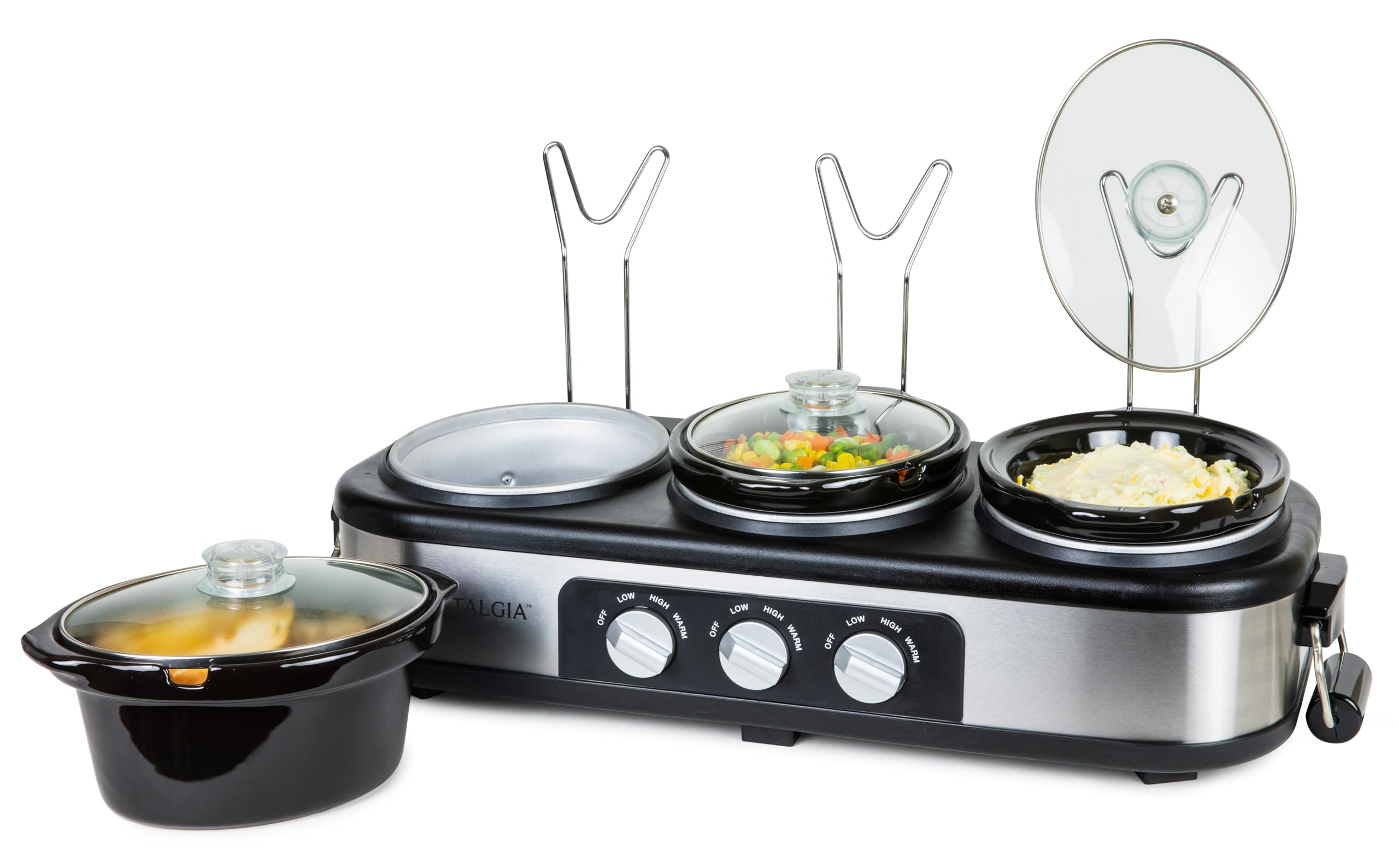 HomeCraft Nostalgia Stainless Steel 3-Station 1.5-Quart Oval Slow Cooker Buffet, With Lid & Spoon Rest, Adjustable Heat Control, Perfect for Parties, Holidays, Families Image