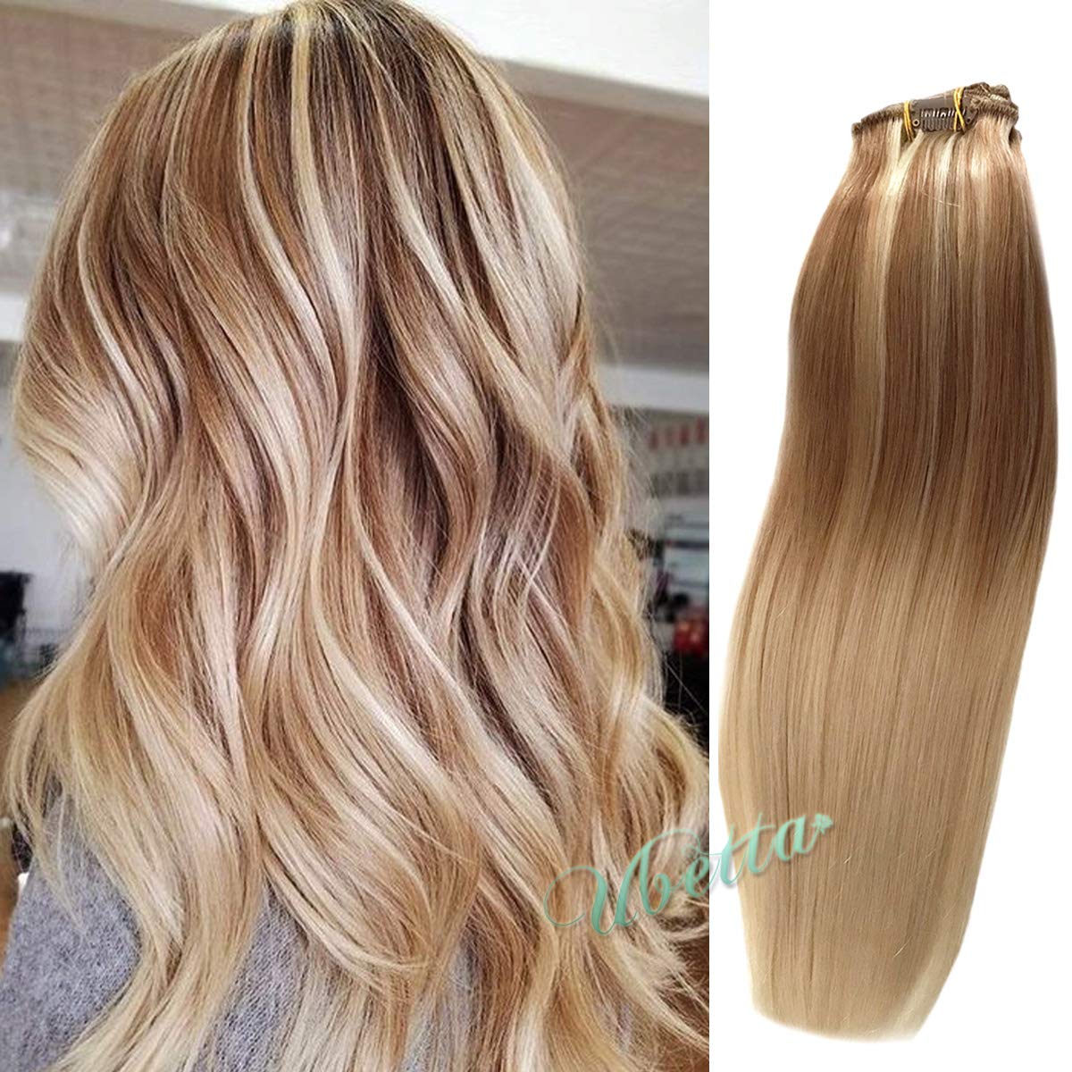 Clip In Hair Extensions Golden Brown With Bleached Blonde Highlights Fade To Blonde 120g 7pcs Double