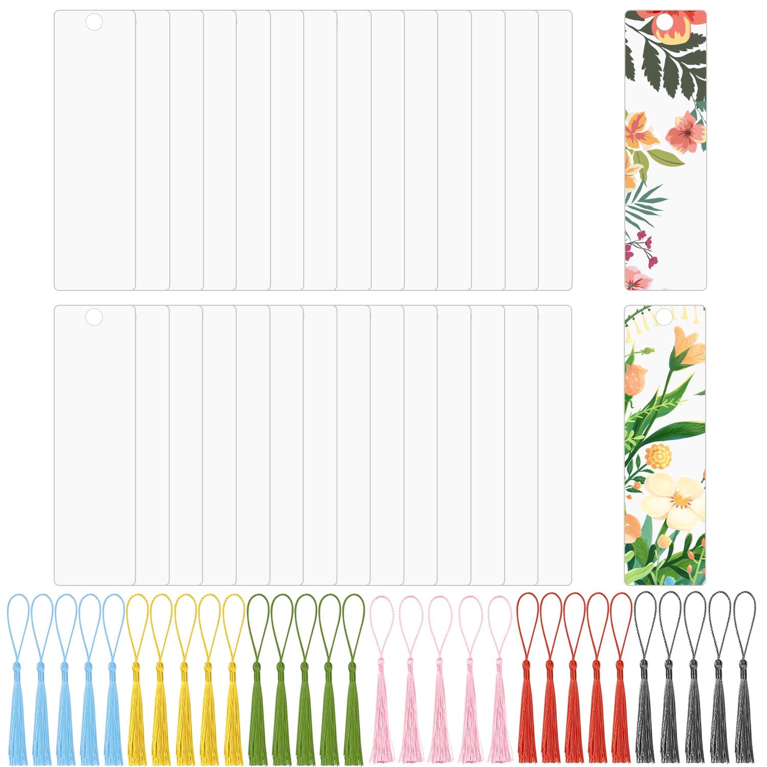 DRERIO 30 Pcs Acrylic Blanks Bookmark Clear DIY Acrylic Bookmarks Small Craft Bookmark Transparent Rectangle Bookmarks Set with Hole and 30 Pcs Tassels for Crafts,Decorations,DIY Crafts