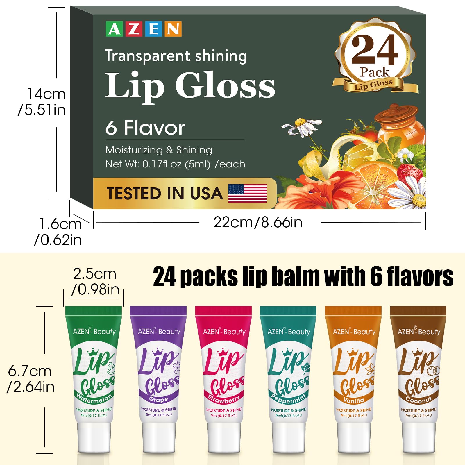 AZEN 24 Pack Lip Gloss Set, Clear Lip Gloss Bulk, Lip Oil for Dry Cracked Lips Moisturizing Hydrating Nourishing with Vitamin E