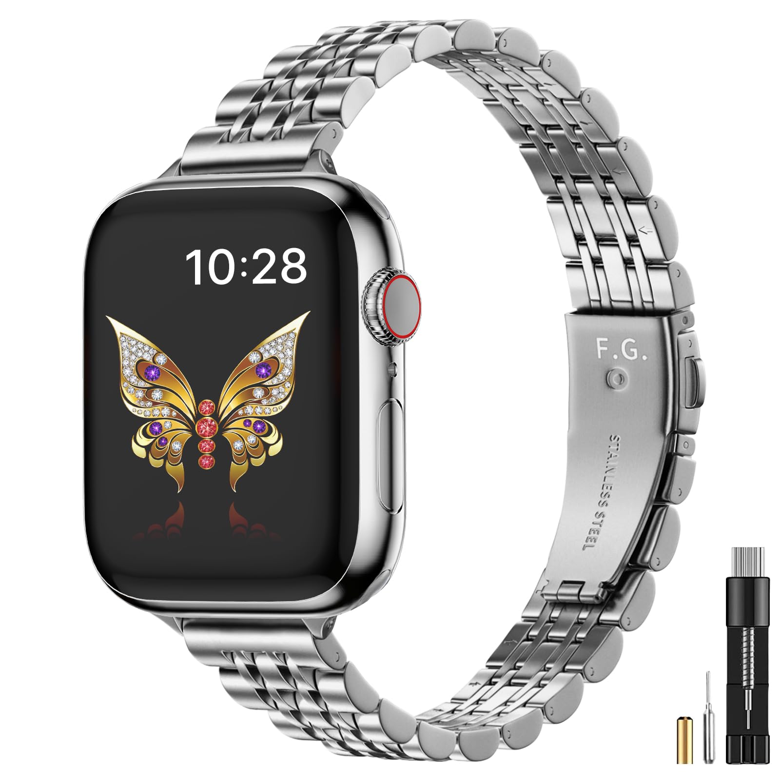 Fullmosa Slim Metal Straps Compatible with Apple Watch Straps 42mm(Series 11/10) 41mm 40mm 38mm for Women, Stainless Steel Thin iWatch Bands for SE 3 2 1/Series 11 10 9 8 7 6 5 4 3 2 1, Silver — image 1