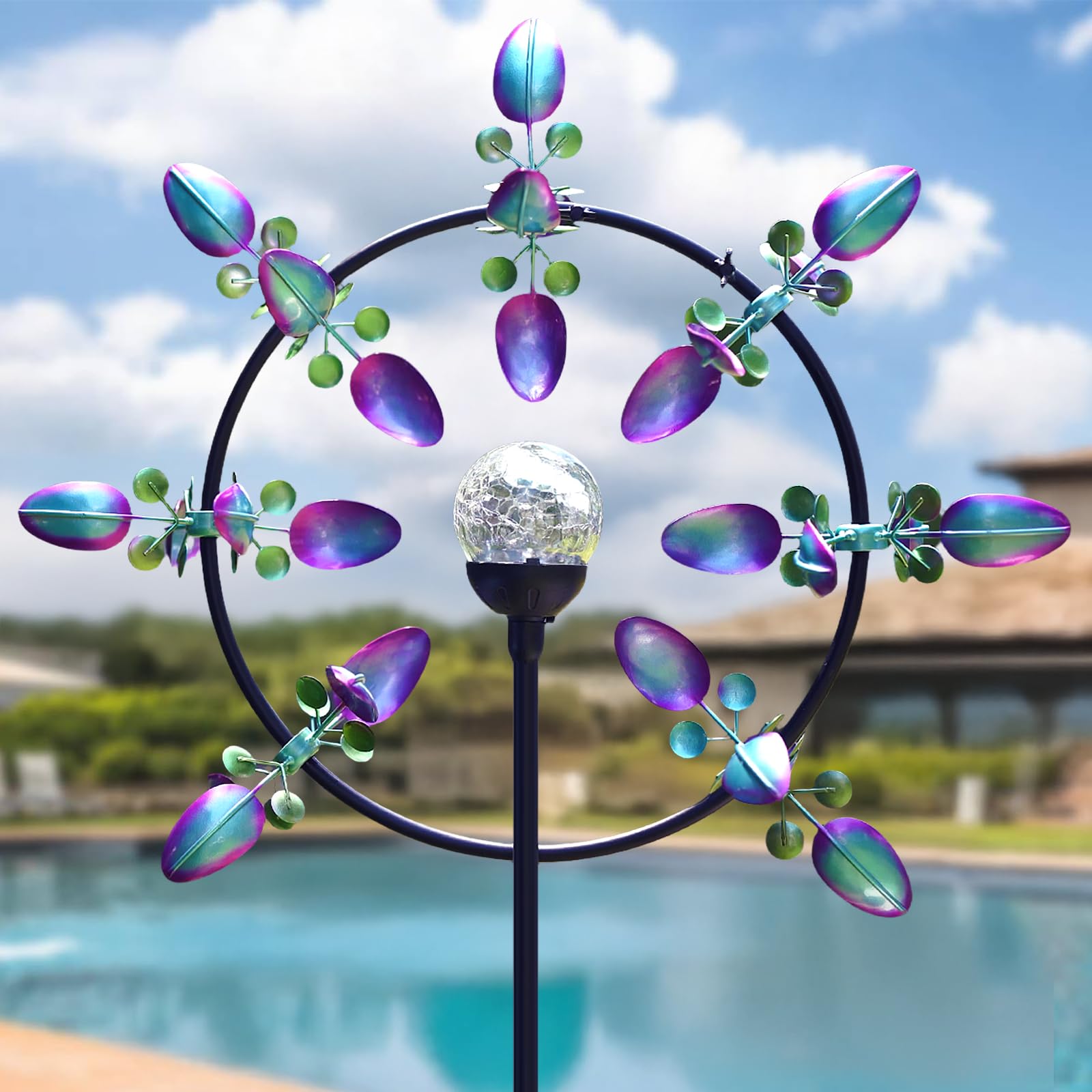 Photo 1 of Large Solar Wind Spinner for Yard and Garden – 360° Kinetic Metal Wind Sculpture with LED Crackle Glass Ball, Waterproof Outdoor Stake Decor for Patio, Lawn & Backyard Art Decoration