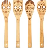 Qinyoung 4 Pcs Skull Engraved Wooden Spoons Kitchen Cooking Utensils Set | Day of The Dead, Women's Sugar Skull Gift, Halloween Decorations, Skull Bamboo Cooking Utensils, Skeleton Kitchen Accessories