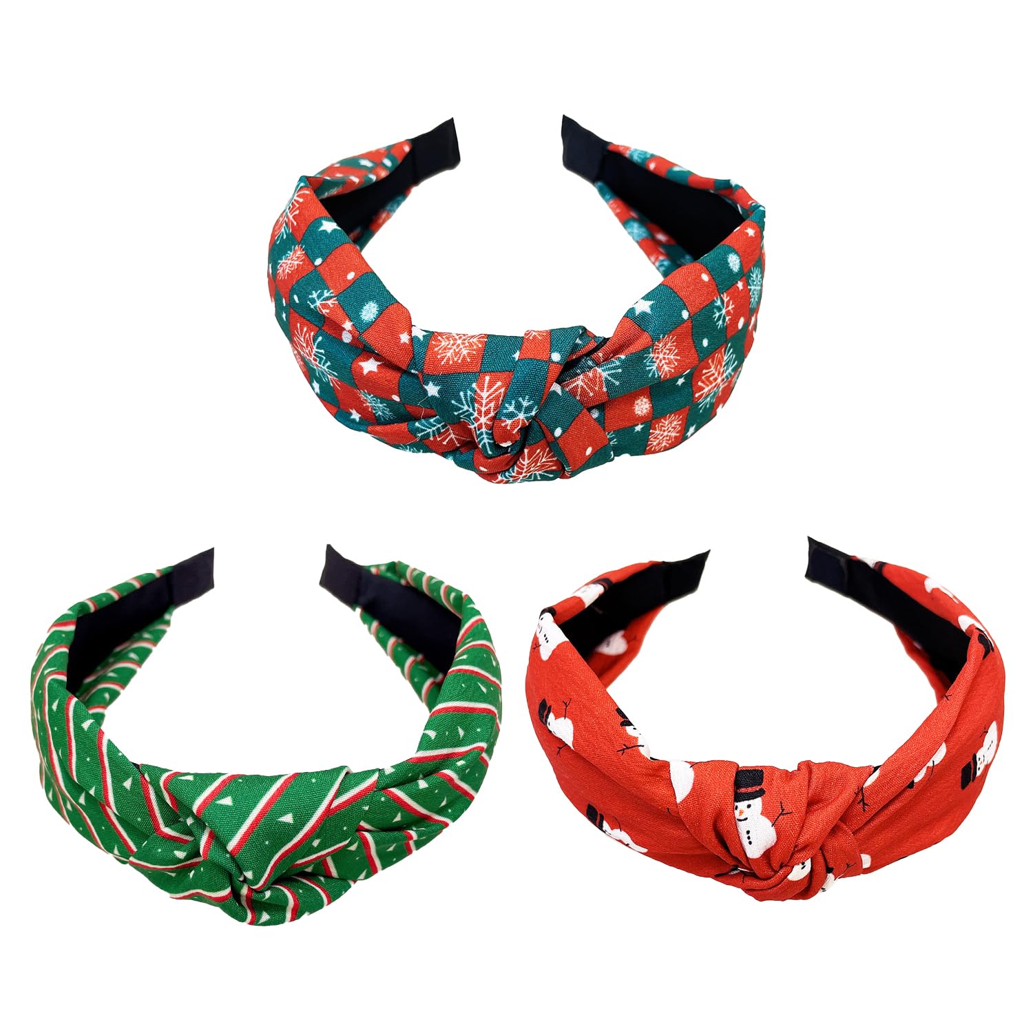 Miaija 3Pieces Christmas Knotted Headbands Red Green Snowflake and Snowman Makeup Headband Elastic Hair Hoop Party Supplies for Women Girls Xmas Hair Accessories