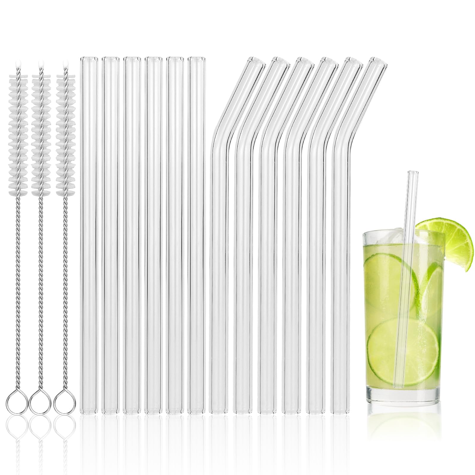 Reusable Glass Straws - Pack of 12: 6 Curved & 6 Straight (15cm) with 3 Cleaning Brushes - Perfect for Bubble Tea, Cocktails & Juices