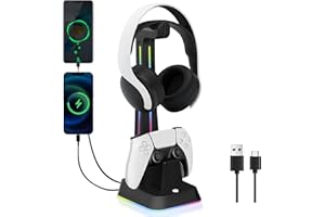 JDGPOKOO PS5 Controller Charger Station with RGB Headphone Stand, PS5 Controller Charging Station with 2 USB Port, Headset and Controller Stand Holder for PlayStation 5 Controller -Black