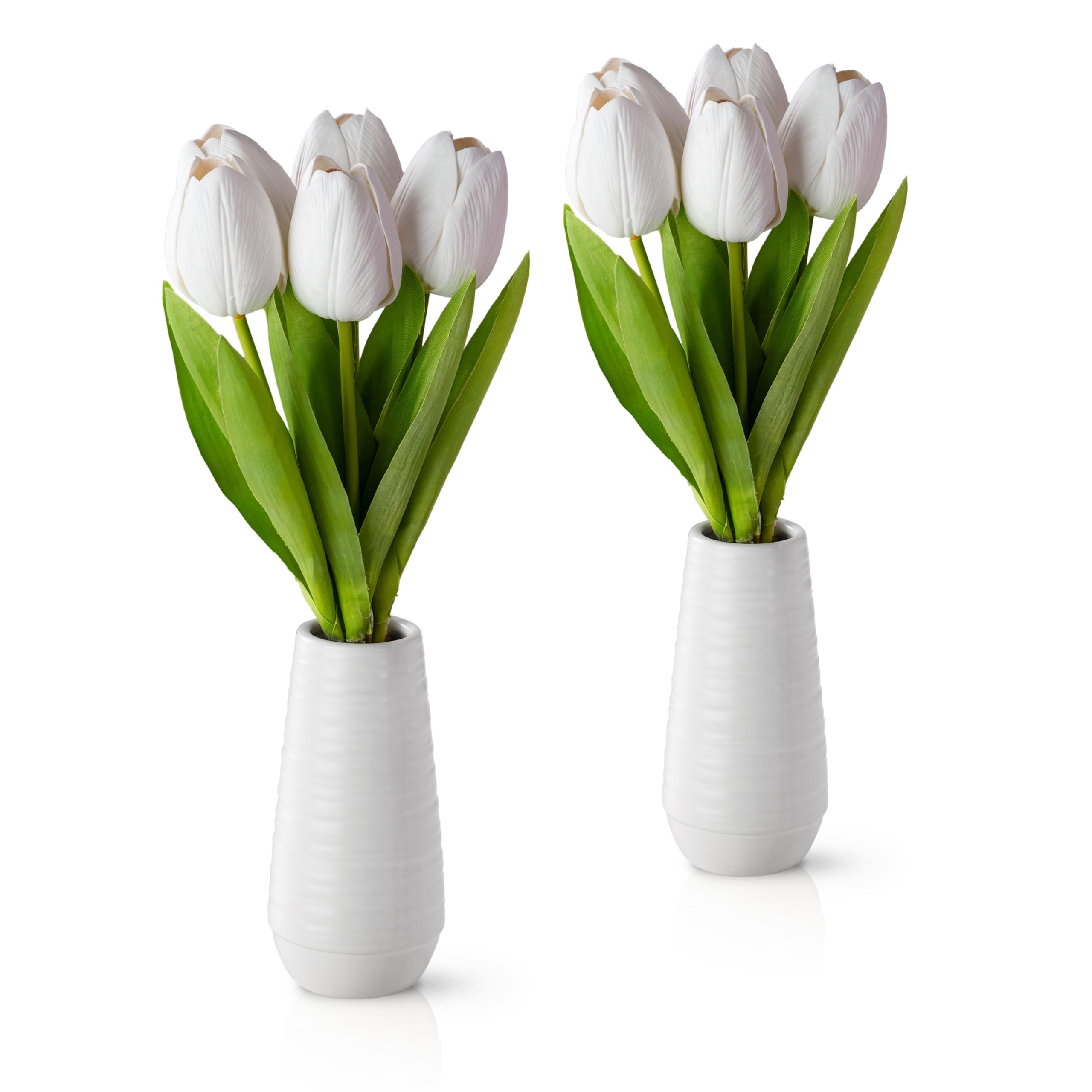 PASCH® Set of 2 Artificial Tulips Like Real in White Ceramic Vases (35 cm): Elegant White Tulips Artificial Like Real Artificial Flowers in Pot Artificial Flowers in Pot Artificial Tulips White