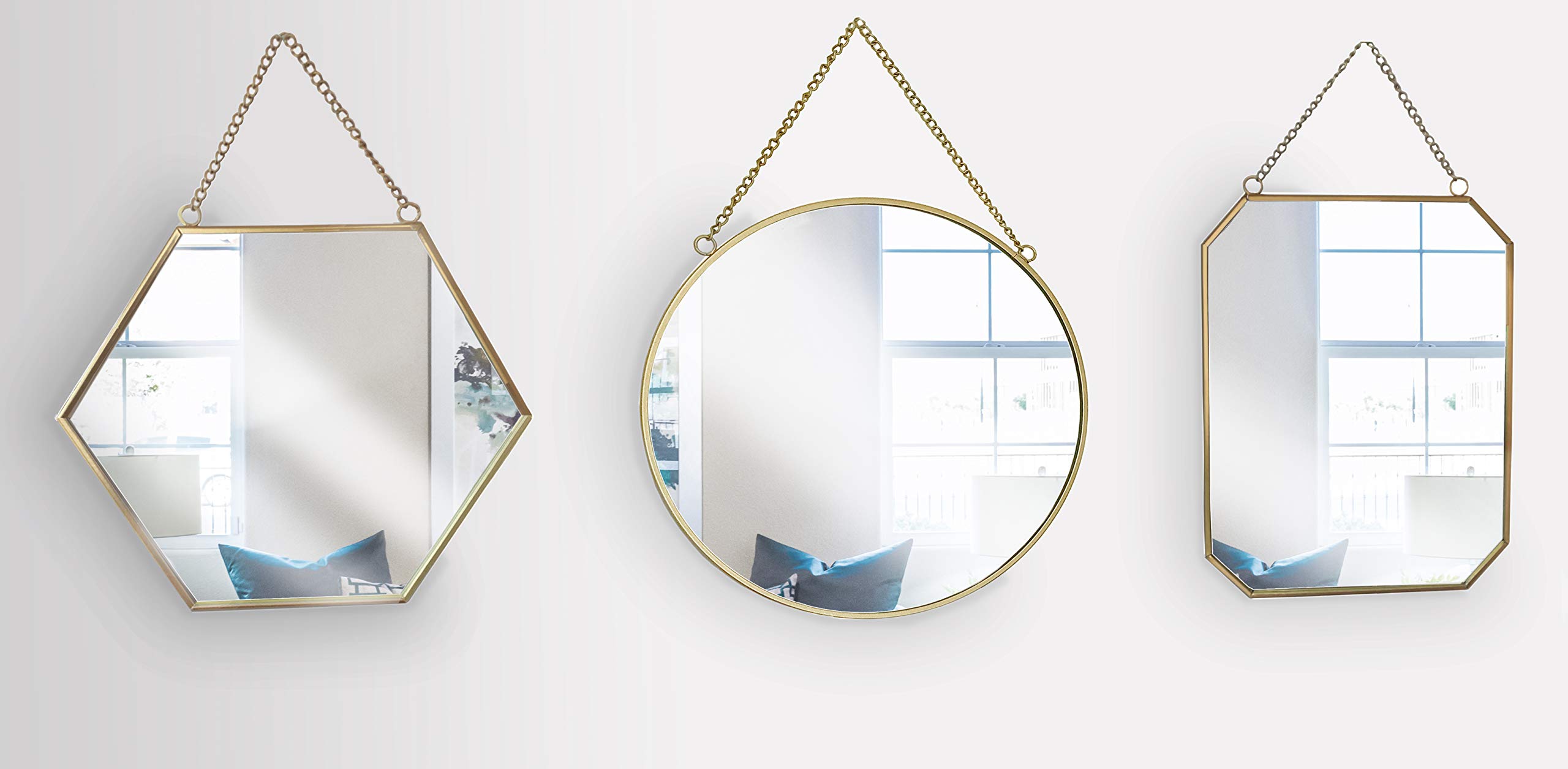 Set of 3 assorted shaped wall mirrors with chain in black, gold or silver. Hexagonal, Round and Rectangular. Perfect for Bedroom, Bathroom, Living Room or Hallway. Vintage / Contemporary (gold)