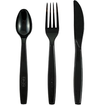Pritogo 150-teilig, Plastikbesteck-Set, je 50 Gabeln, 50 Löffel und 50 Messer Schwarz, BPA-frei, Extra Stabil und groß (19,5c