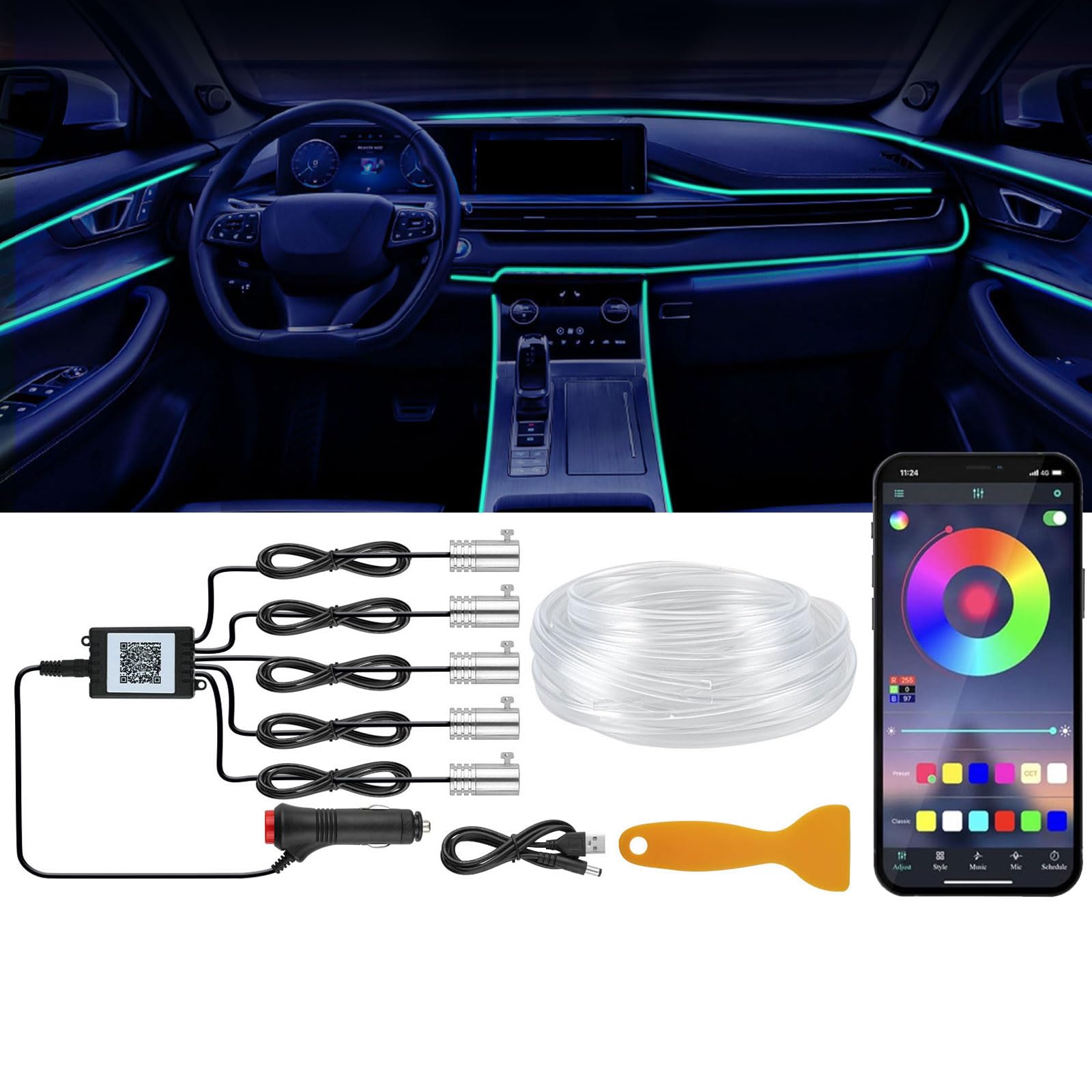 Photo 1 of YUGUANG Interior Car Lights Strip APP Control, 5 in 1 Multicolor Music Sync Ambient Lighting Car with 236 inches Fiber Optic LED Lights Strip Interior
