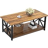 GreenForest Coffee Table with Round Corner, Farmhouse Center Table with 2-Tier Storage Shelf X-Frame Design for Living Room, 