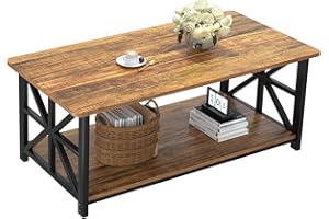 GreenForest Coffee Table with Round Corner, Farmhouse Center Table with 2-Tier Storage Shelf X-Frame Design for Living Room, 