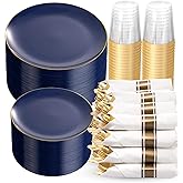 KIRE 350Pcs Blue and Gold Plates -Heavy Duty Navy Blue Dinnerware Set - 100 Plastic Plates 50 Pre Rolled Napkins with Gold Plastic Silverware 50 Cups for Upscale Birthday/Wedding/Parties
