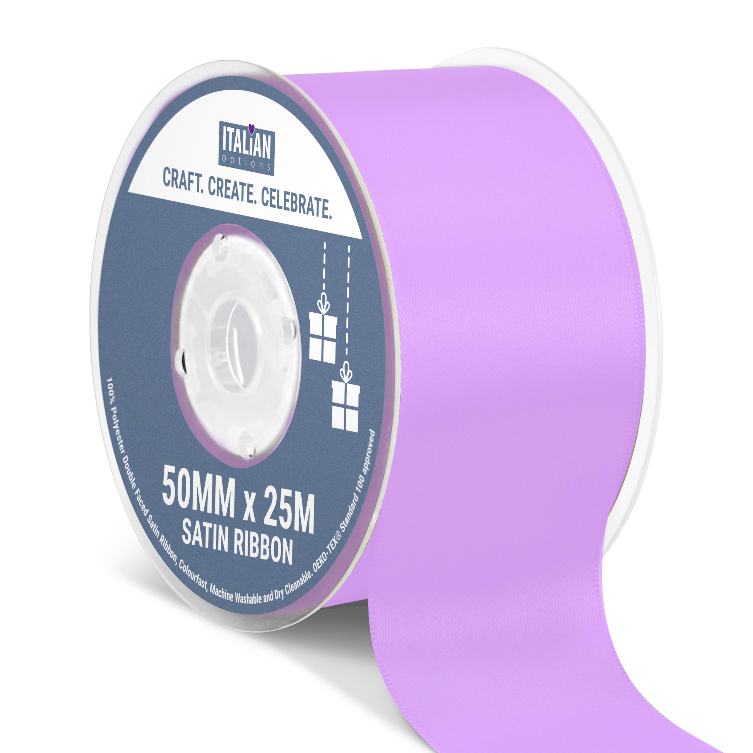 Italian Options Satin Ribbon, Fabric Ribbons for Gift Wrapping, Crafting, Balloons, Wedding Car, Presents, Cake, Christmas, Birthday, Gift Wrap Accessories, 50mm Wide x 25 Metre Roll, Lilac