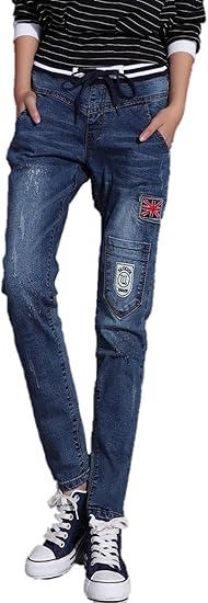 Amazon レディース パンツ デニム おしゃれデニム ワッペンステッチ ロゴ刺繍 スキニー 細身 スリムパンツ スキニーデニム 伸縮 ストレッチ ストレッチデニム ロング丈 10分丈 細見せ 美脚 ストリート ウエストゴム オシャレ 春秋 K9395 28 ブルー ２ ジーンズ 通販