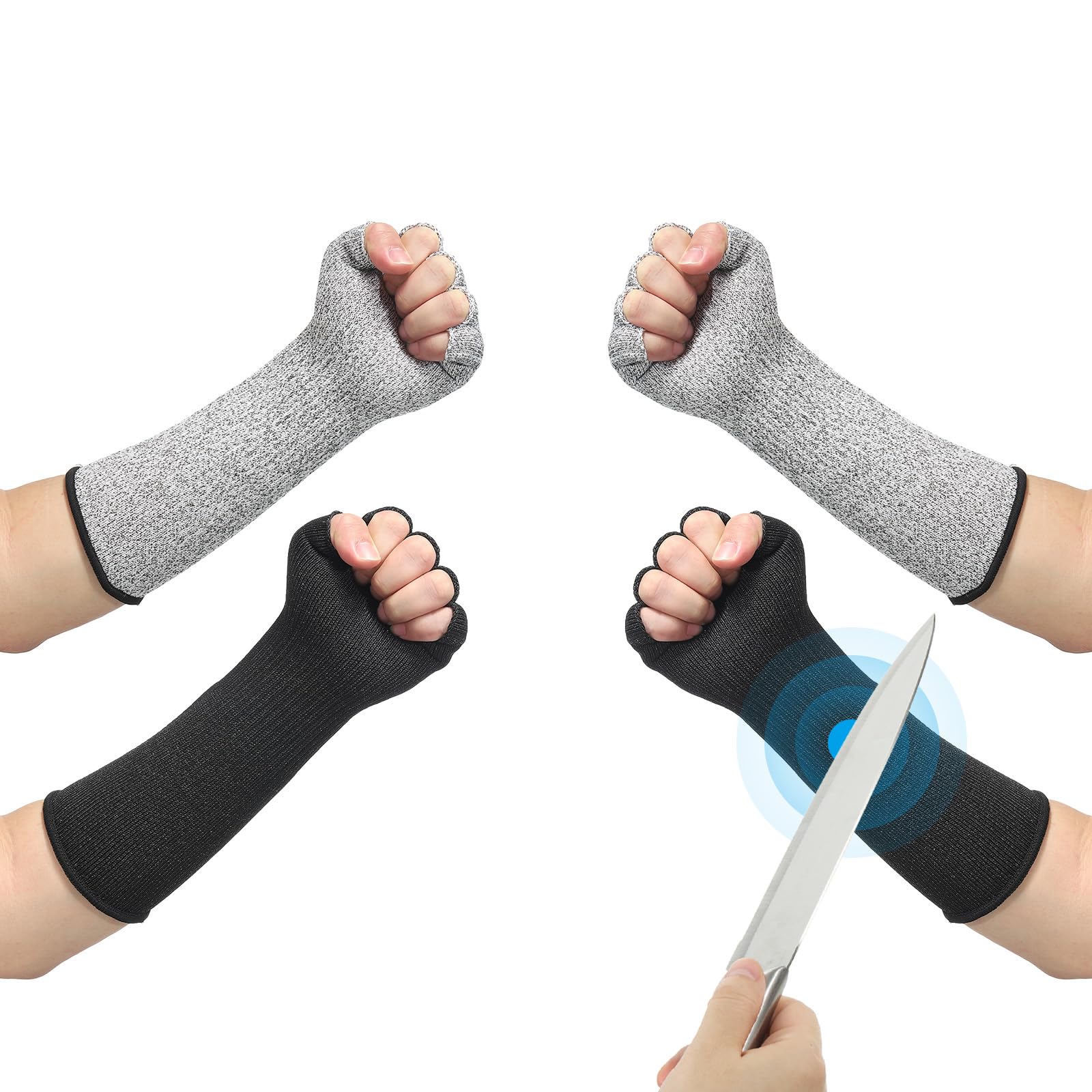 PATIKIL 12 Inch Cut Resistant Sleeves with Finger Grips, 2 Pair Forearm Protective Sleeves Level 5 Protection Arm Safety Protectors Sleeves for Thin Skin and Bruising, Black/Gray