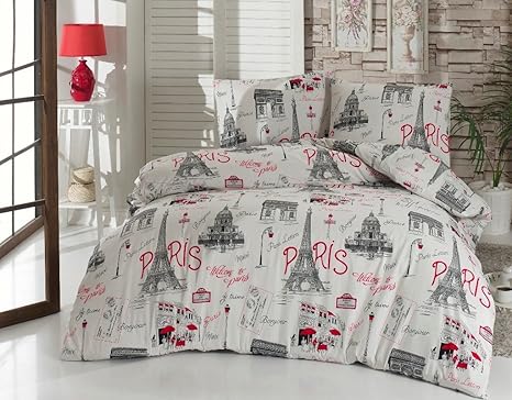 Twin Bedding Set Paris Black And White With Duvet Cover Cotton Eiffel Tower Lettering Bonjour Je Taime Design 3 Pieces Red