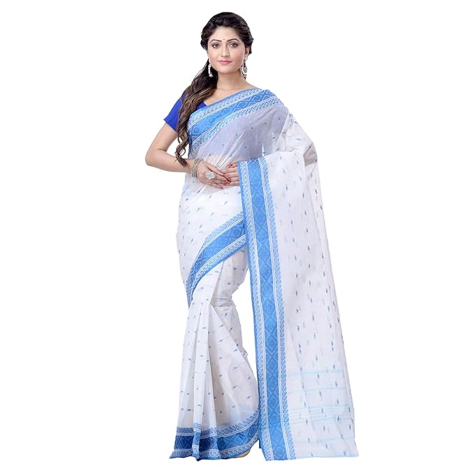 Women`s Traditional Bengal Tant Handloom Cotton Saree Without Blouse (DBSARE130419WOBRWS1_Blue & White) Piece