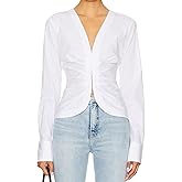 Women's Long Sleeve Ruched Shirt Front Hook & Eye Closure Blouse with Button Cuffs, Casual & Office Wear Tops
