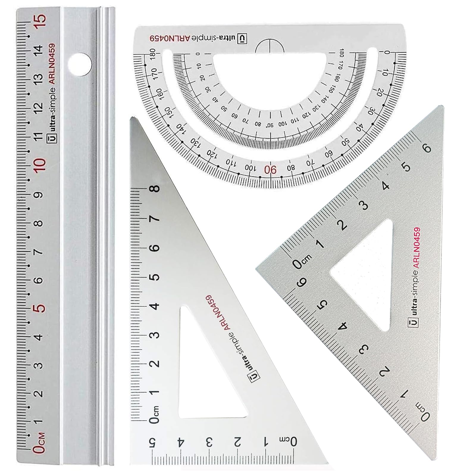 RODMAIE Metal Architects Scale Ruler Set 4 PCS Technical Drawing set, Math Geometry Tool, Protractor, Triangular, Architect Ruler Set for Student (Sliver)