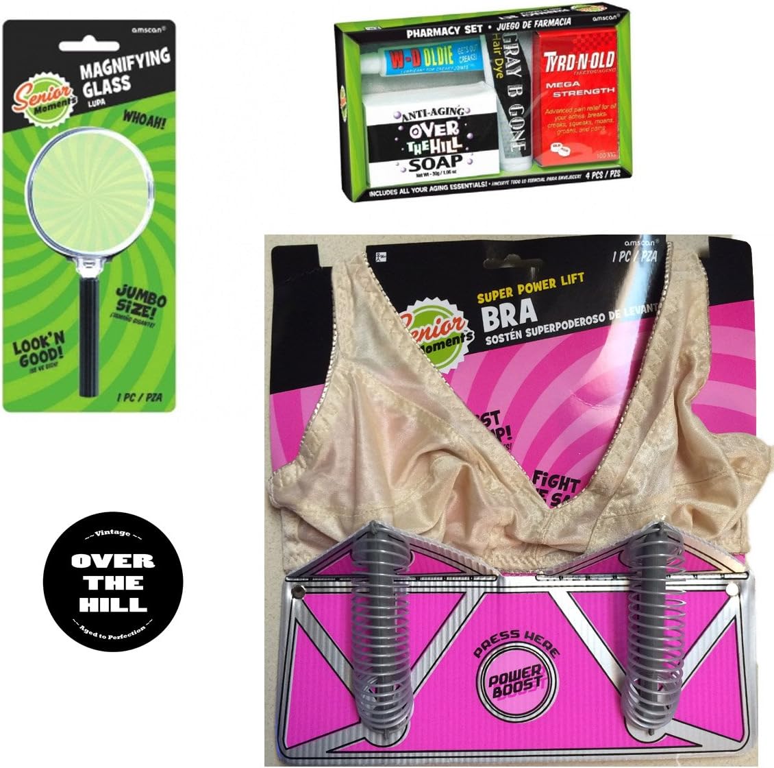 Over The Hill Gag Gift/Birthday Gift for Women - Power Lift Bra, Magnifying Glass, Pharmacy Set and Over the Hill Button