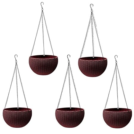 Tex Homz Hanging Baskets Rattan Waven Flower Pot Plant Pot with Hanging Chain for Houseplants Garden Balcony Decoration - 5 Pcs Brown Color