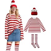 Coskidshas Adults Red and White Striped Shirt Costume Halloween Cosplay Outfits Sweatshirt Long Sleeve Shirt Hat Glasses