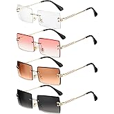 Frienda 4 Pairs Rimless Rectangle Sunglasses Frameless Square Glasses Vintage Transparent Eyewear for Women Men