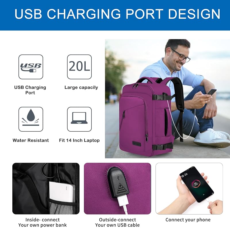 Handgepäck Rucksack 40x20x25 für Ryanair Handgepäck Tasche für Flugzeug 20L Klein Reiserucksack für Damen Laptop Rucksack 14 Zoll mit USB Ladeanschluss Reisetasche für Frauen