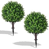 EverNature Artificial Eucalyptus Topiary Ball Trees, 2 Set of 16'' UV Resistant Fake Evergreen Shrubs Bushes Plants with Ground Spike, Fake Plants for Outdoor Indoor Front Porch Garden