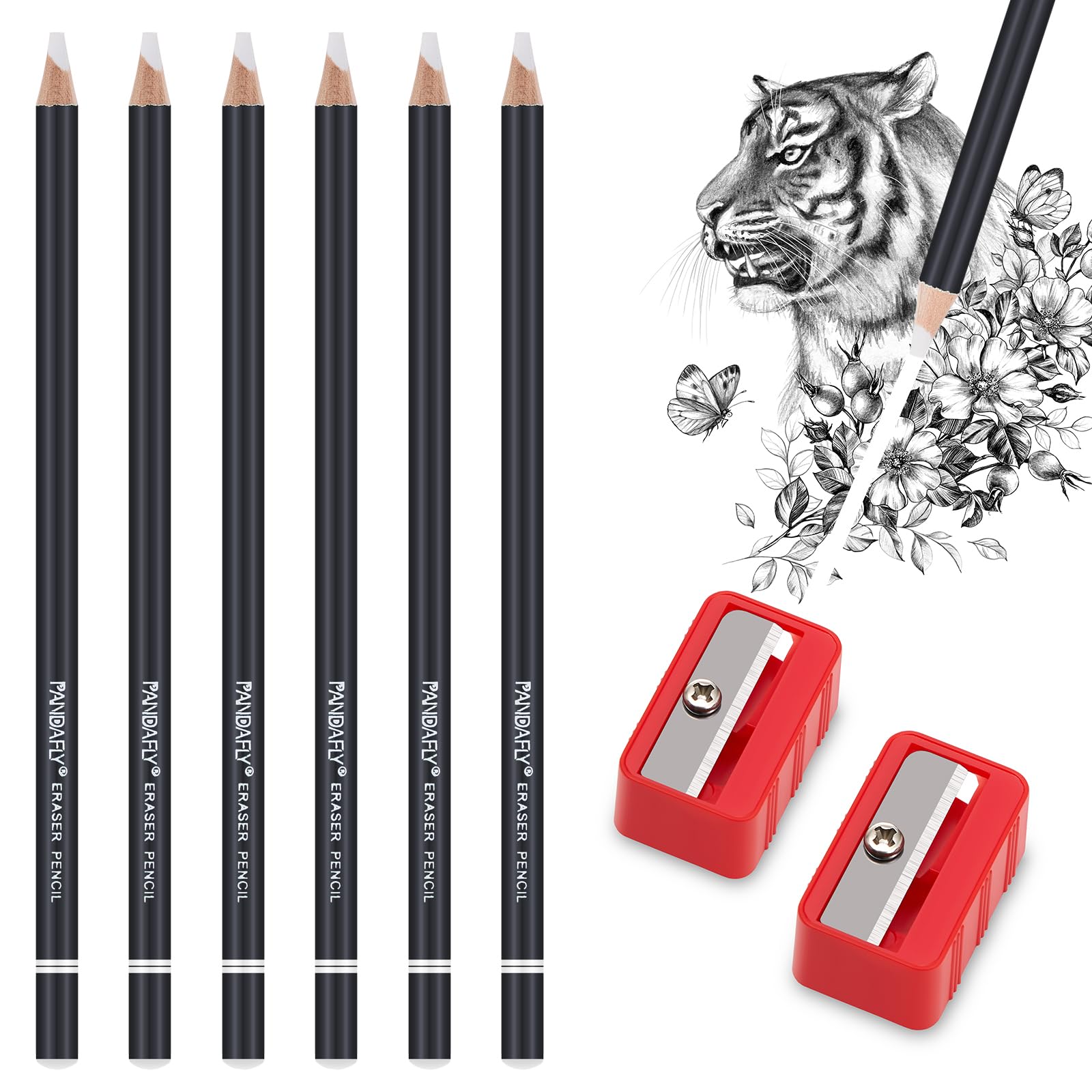 PANDAFLY Eraser Pencil Set, 6pc Eraser Pencils and 2pc Sharpener, Erasing Small Details or add Highlights for Sketching, Charcoal Drawings. Art Eraser Pencils for Artists & Beginners