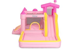 Outfunny Inflatable Bounce House, Pink Bouncy House for Kids Girls 3-12 with Slide, Outdoor & Indoor, 450W Blower - Pink