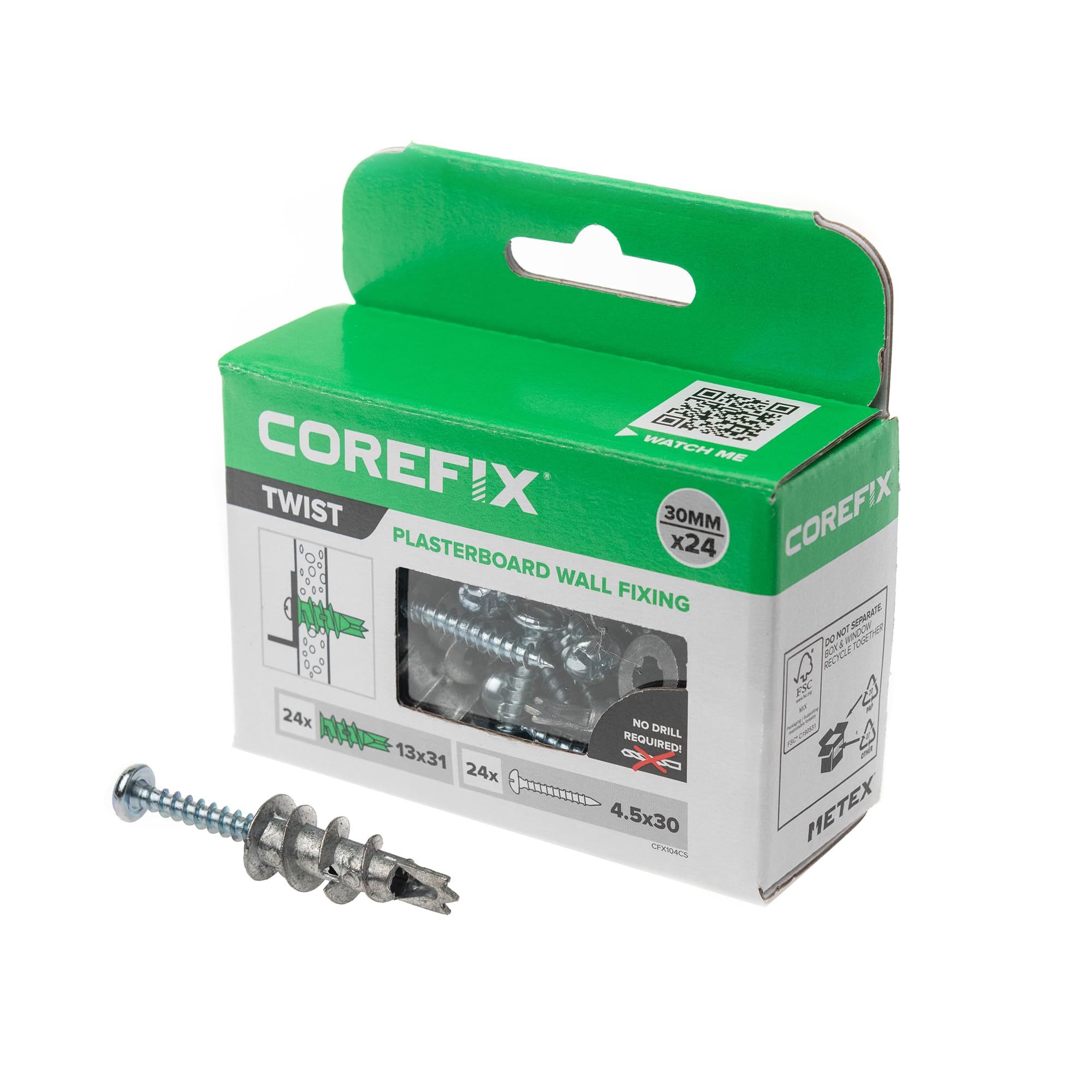 Corefix Twist Metal Plasterboard Fixing Pack of 24 Self-Drill Fixings with Screws for Tight Grip and Strong Hold. Easy To Install With NO Drill Required Suitable For All Plasterboard Types.