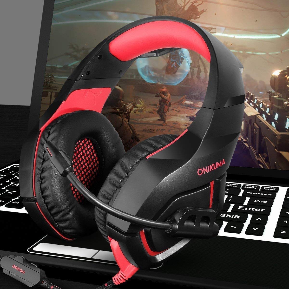 Gaming Headset with Stereo Sound Noise Cancelling Mic Over Ear Headphones for New Xbox One PC Mac OS PS4 Table Phone (K1B-Red)