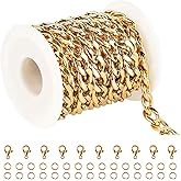 UMAOKANG Gold Plated Cuban Chain for Jewelry Making, Stainless Steel 10mm Wide Necklace Chain for Men Strong Jewelry Chain Roll with Jump Rings and Lobster Clasps