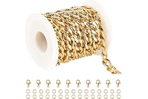 UMAOKANG Gold Plated Cuban Chain for Jewelry Making, Stainless Steel 10mm Wide Necklace Chain for Men Strong Jewelry Chain Roll with Jump Rings and Lobster Clasps
