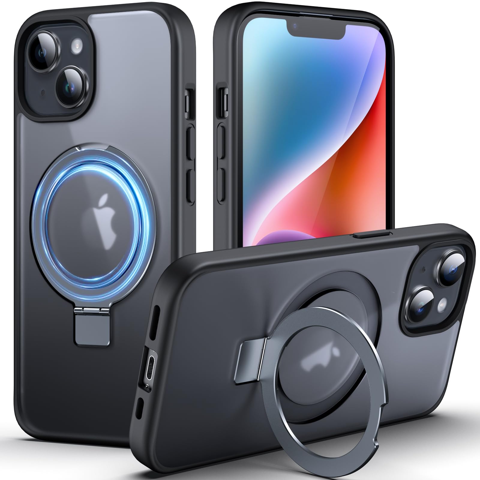 DASFOND Magnetic Designed for iPhone 14/13 Case [Compatible with Mag-Safe] [Invisible Ring Kickstand] Slim Translucent Matte Shockproof Anti-Fingerprint Cover Case for iPhone 14/13 6.1", Black