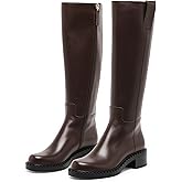 KaroNairy Women Knee High Boots Faux Leather Long Boots Low Chunky Heel Square Toe Side Zipper Fall Tall Boots