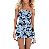 EIFFELT Women's Strapless Tube Dress Sheer Floral Print Ruched Bodycon Mini Dress Sexy Party Club Bandeau Short Dresses