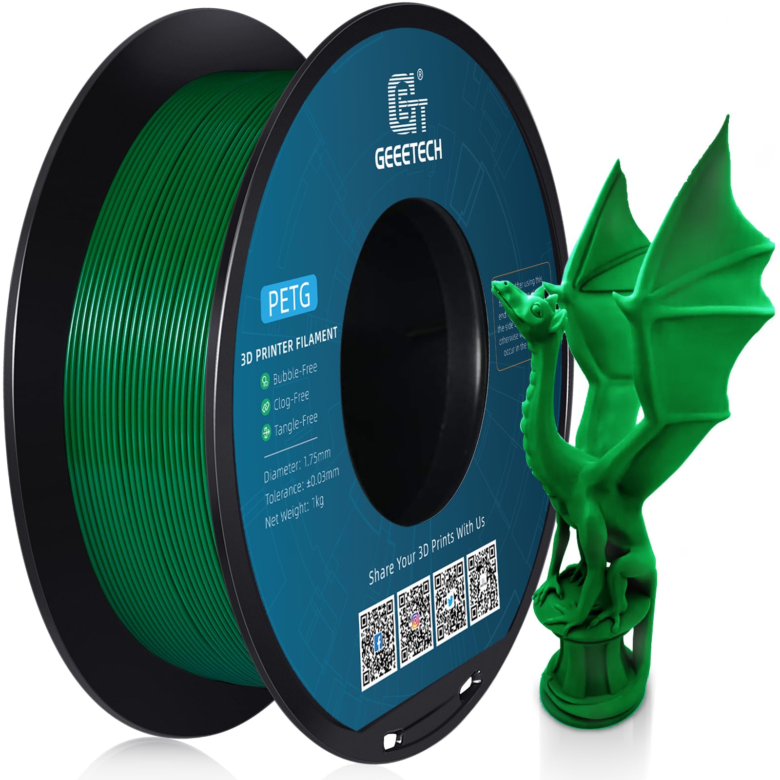 Geeetech PETG Filament 1.75 mm Green PETG 1 kg Spool for 3D Printer