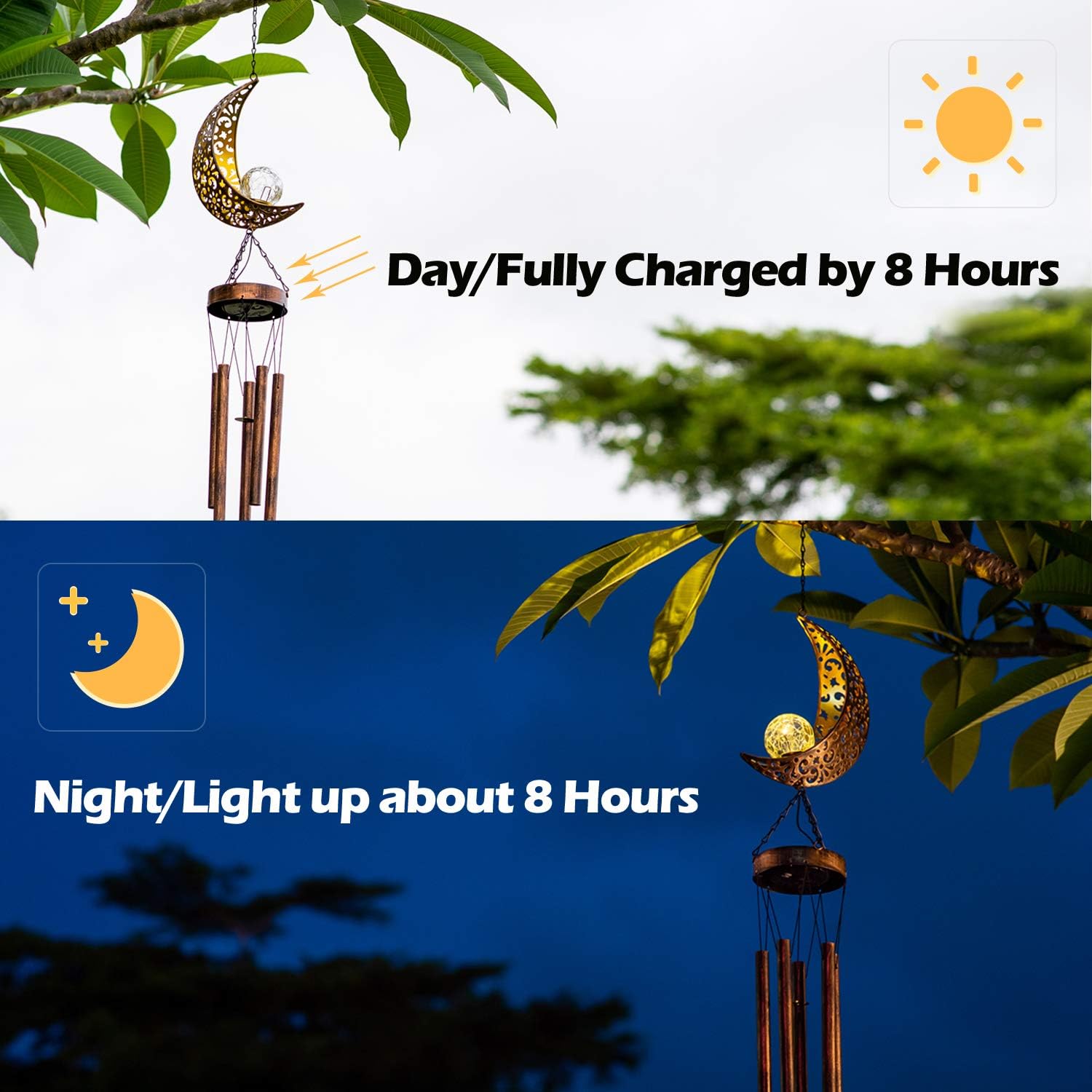 LeiDrail Solar Wind Chimes for Outside Hanging Outdoor Decor Moon Crackle Glass Ball Warm LED Light Sympathy Wind Chime Unique Memorial Gift with Metal Tubes Waterproof for Garden Yard Patio Lawn : Garden & Outdoor