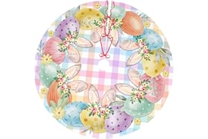 JIEKENMO Happy Easter Cute Bunnies Eggs Colorful Buffalo Plaid 36 Inch Christmas Tree Skirt Carpet Mat Funny Party Soft Cover Mat Decor Supplies for Xmas Halloween Decorations Occasion Farmhouse