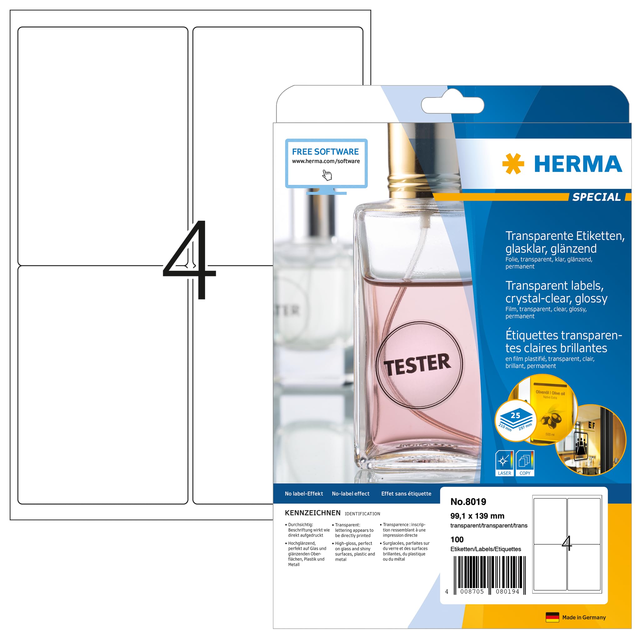 Herma Labels 99.1 x 139 MM TRANSPARENT FILM GLOSSY Pack of 100
