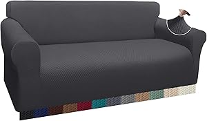 Luxurlife Thick Sofa Covers 1-Piece Stretch Couch Cover for 3 Cushion Couch Latest Jacquard Sofa Slipcover for Pets Kids Furniture Protector with Elastic Bottom (Large, Gray)