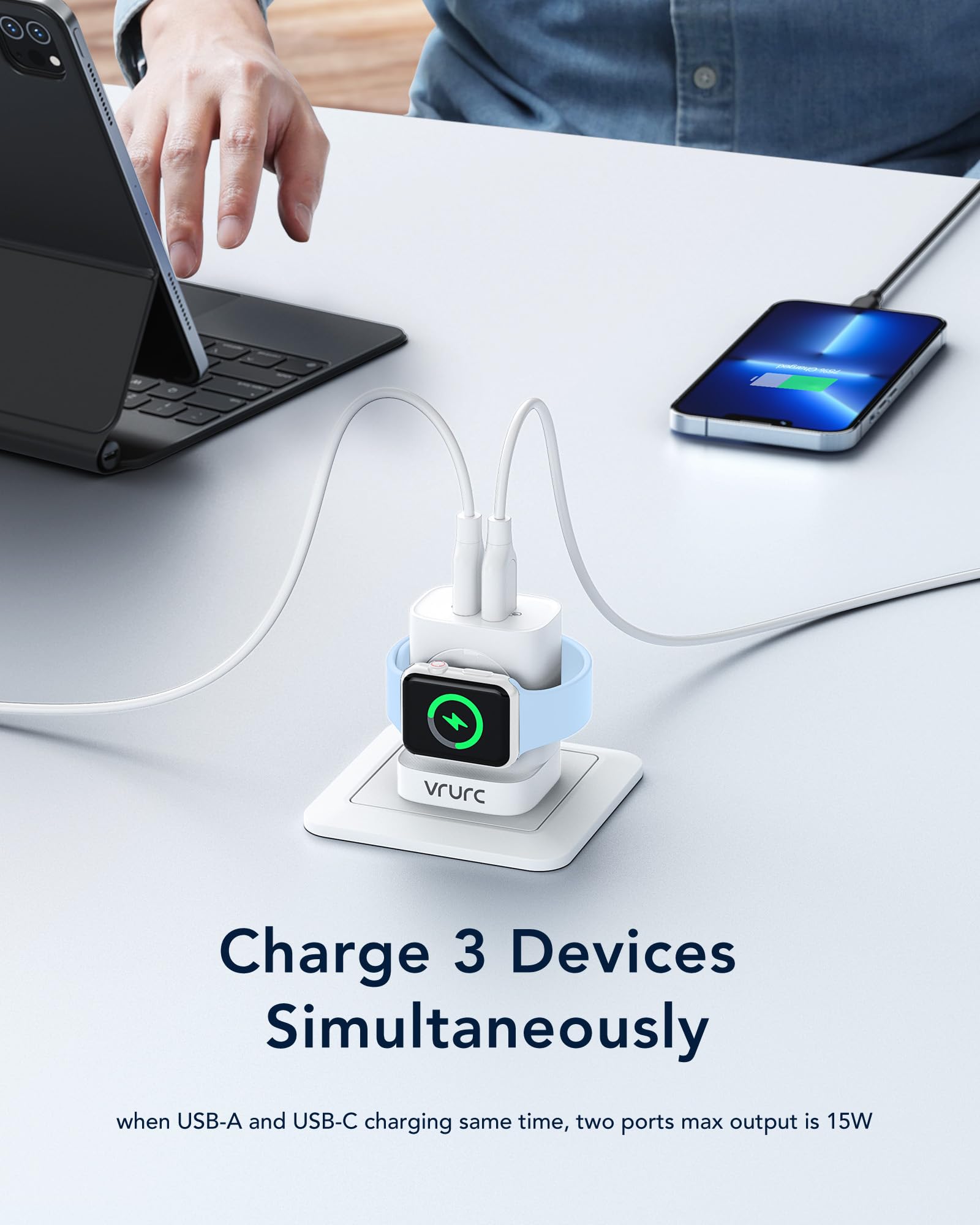 VRURC VRURC for Apple Watch Charger, Wireless Magnetic Portable iWatch Charger, PD 20W 3-in-1 Travel Essentials Fast Charging Block for iWatch Ultra/SE/11/10/9/8/7/6/5,iPhone 17/16/15/14/13,Android-White